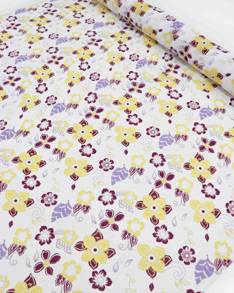 Tecido Crepe Chiffon Floral Amarelo, Vinho e Offwhite