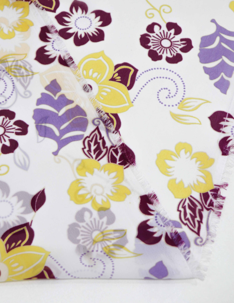 Tecido Crepe Chiffon Floral Amarelo, Vinho e Offwhite