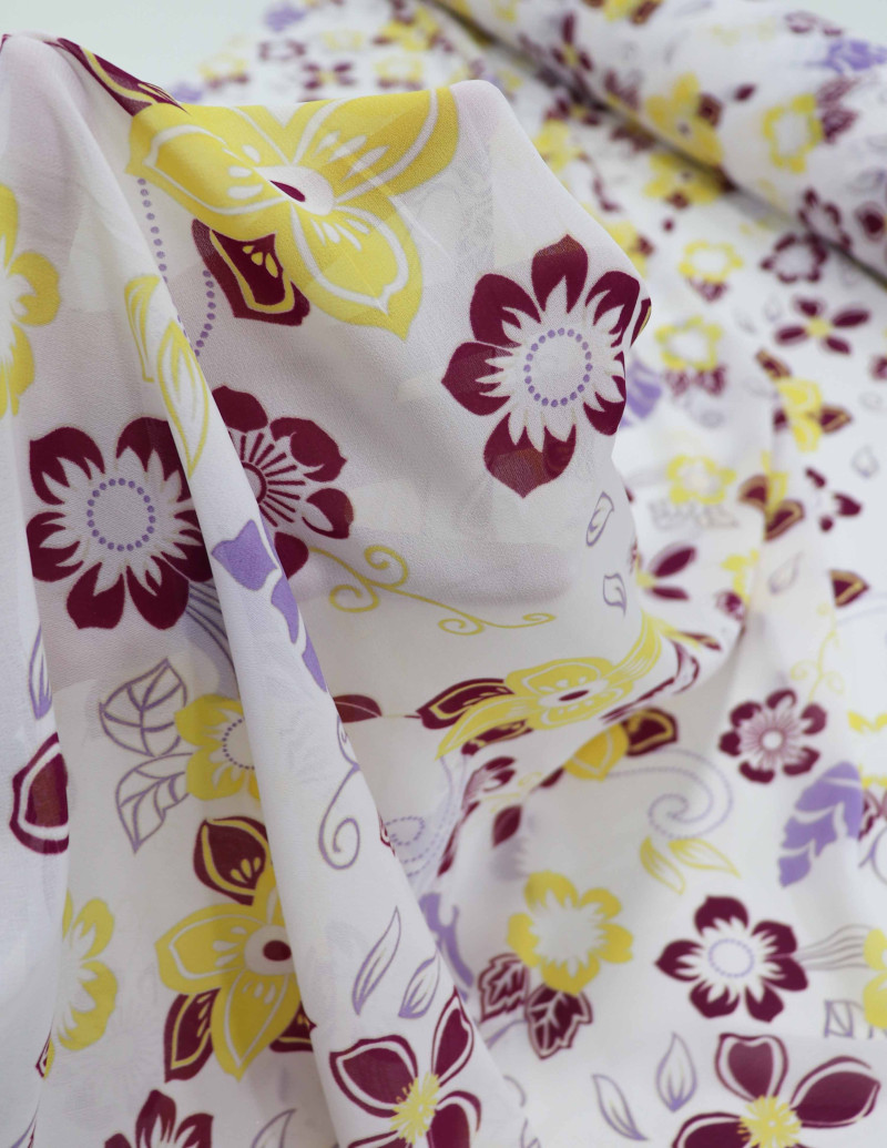 Tecido Crepe Chiffon Floral Amarelo, Vinho e Offwhite