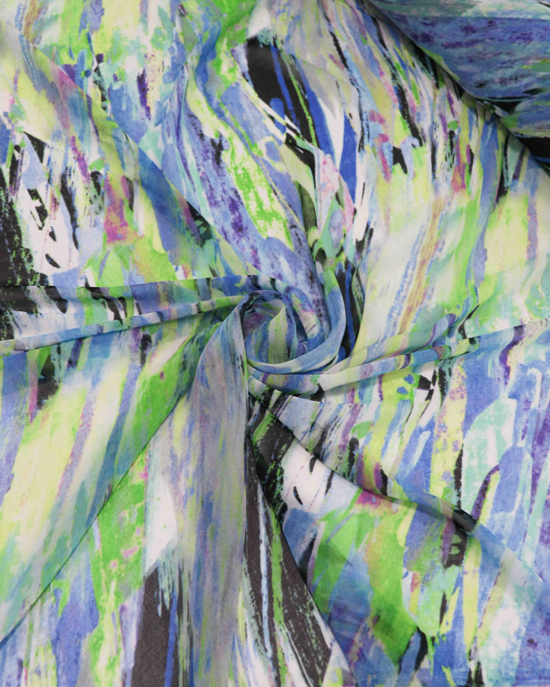 Tecido Crepe Chiffon Pinceladas Abstratas Azul e Verde