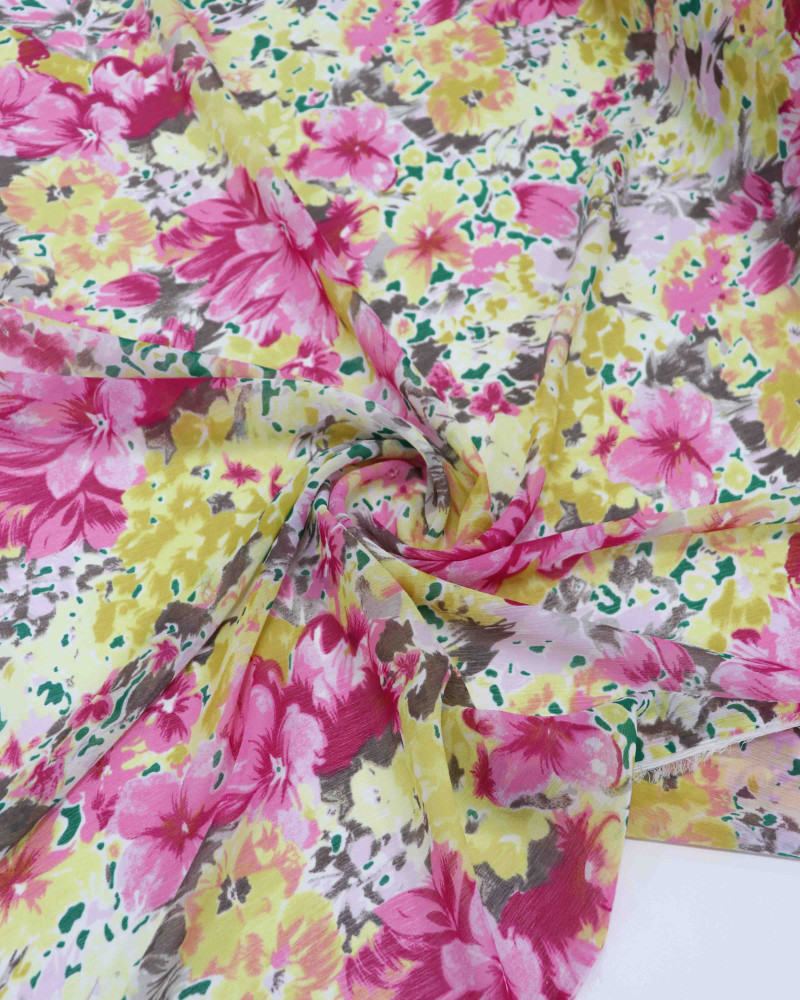 Tecido Crepe Chiffon Tapete Floral Amarelo e Rosa