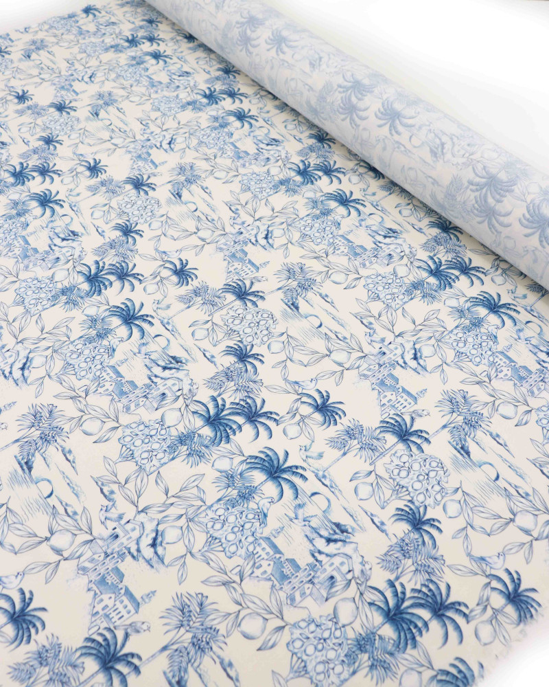 Tecido Viscose  Premium Toile de Jouy Limões Azul e Offwhite