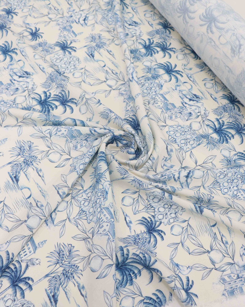 Tecido Viscose  Premium Toile de Jouy Limões Azul e Offwhite