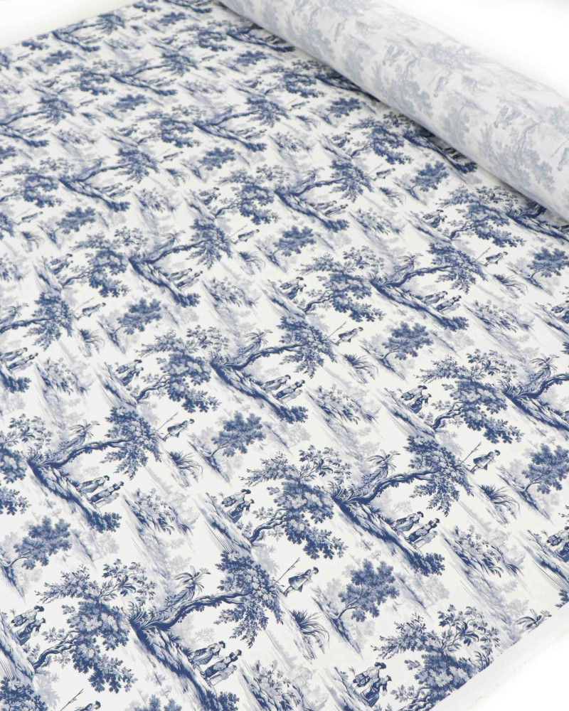 Tecido Viscose Premium Toile de Jouy Azul e Offwhite