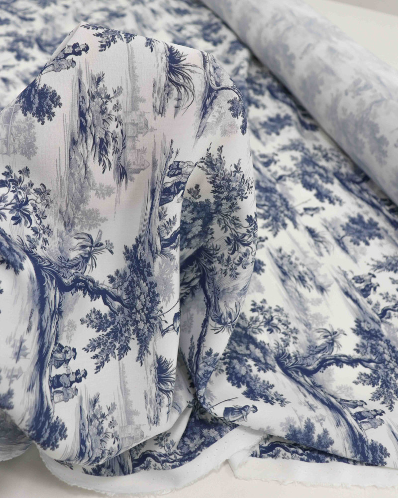 Tecido Viscose Premium Toile de Jouy Azul e Offwhite