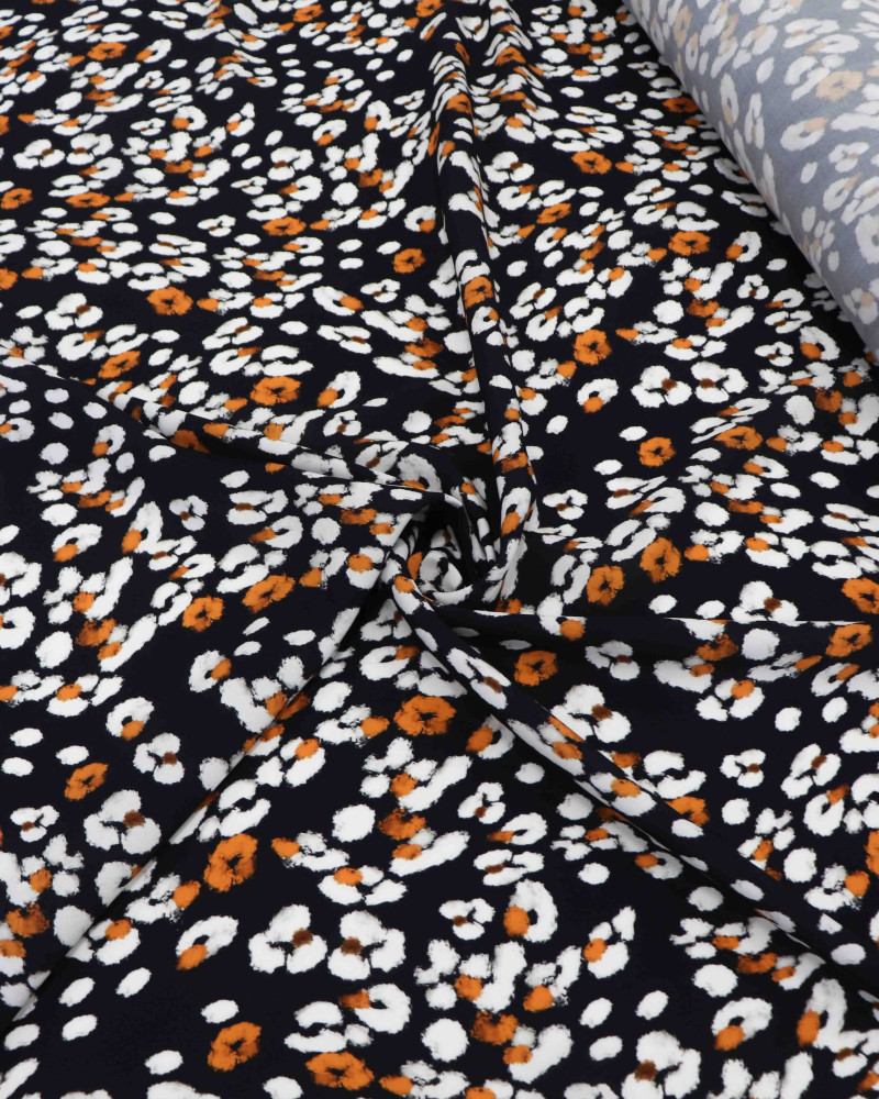 Tecido Viscose Premium Animal Print Branco, Laranja e Preto