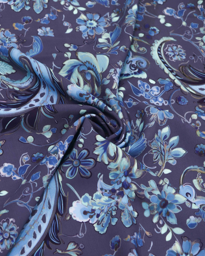 Tecido Viscose Premium Floral e Cashmere Tons de Azul