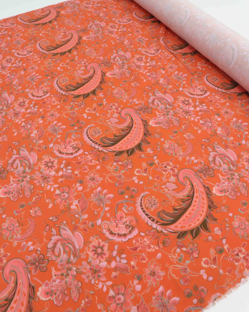 Tecido Viscose Premium Floral e Cashmere Rosa e Laranja