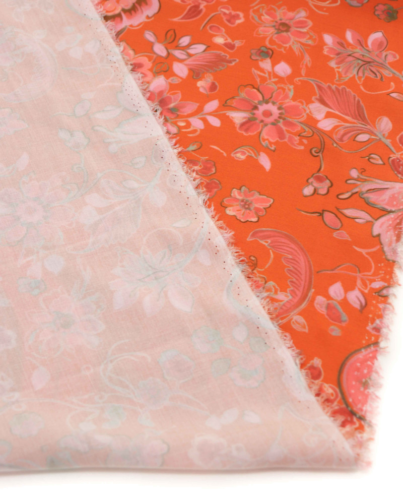 Tecido Viscose Premium Floral e Cashmere Rosa e Laranja