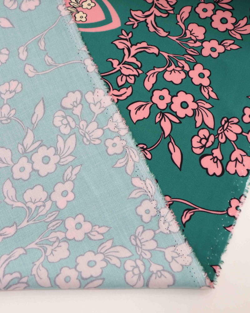 Tecido Viscose Premium Barrado Floral Rosa e Verde Tiffany