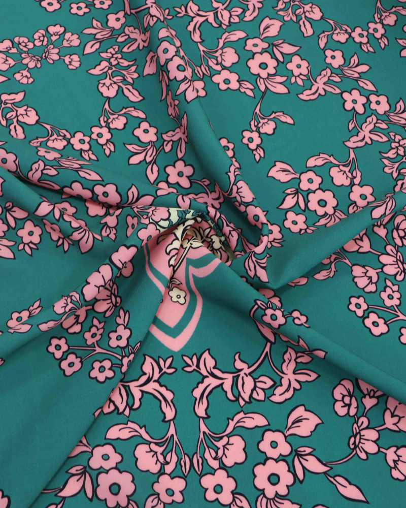 Tecido Viscose Premium Barrado Floral Rosa e Verde Tiffany