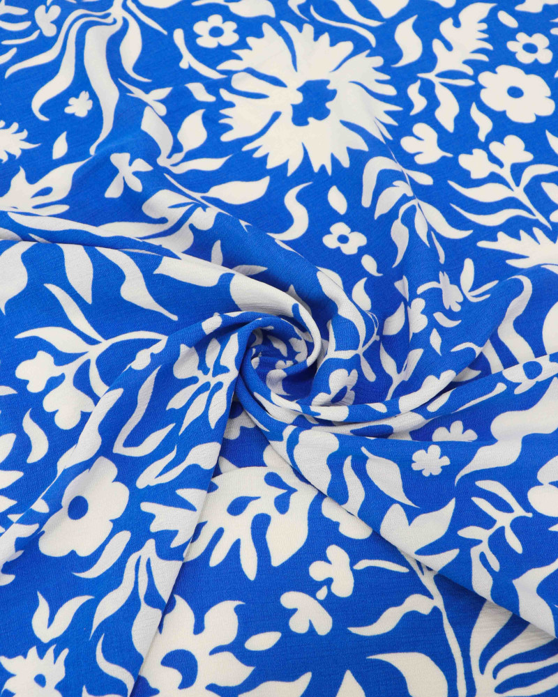 Tecido Crepe de Viscose Italiano Tapete Floral Branco e Azul