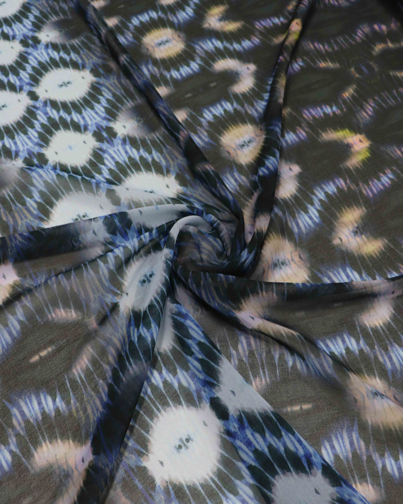 Tecido Crepe Chiffon Italiano Barrado Ilusionista Azul e Preto