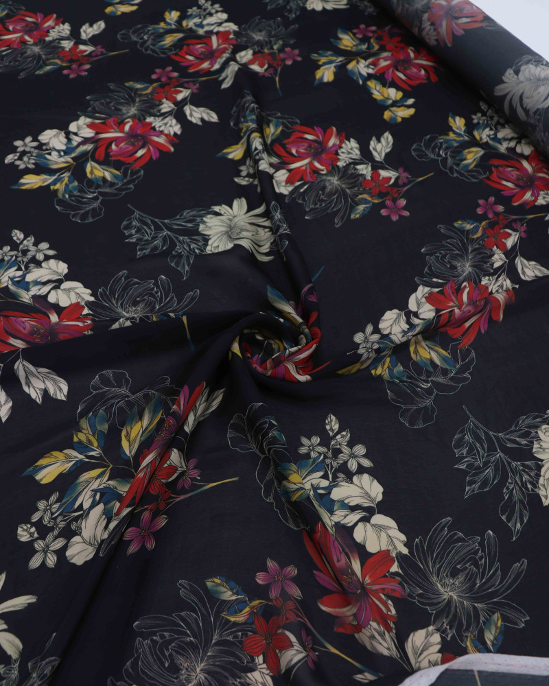 Tecido Crepe Chiffon Italiano Buquê de Flores Silvestres Vermelho e Preto