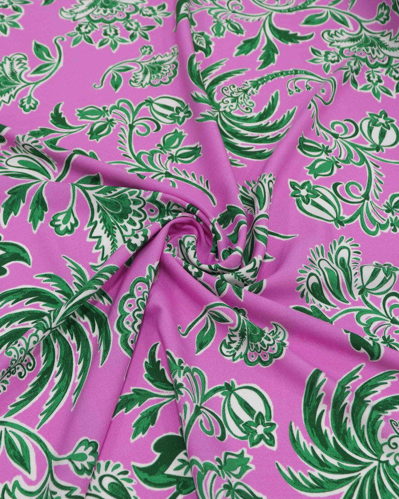 Tecido Viscose Floral em Arabesco Verde e Rosa