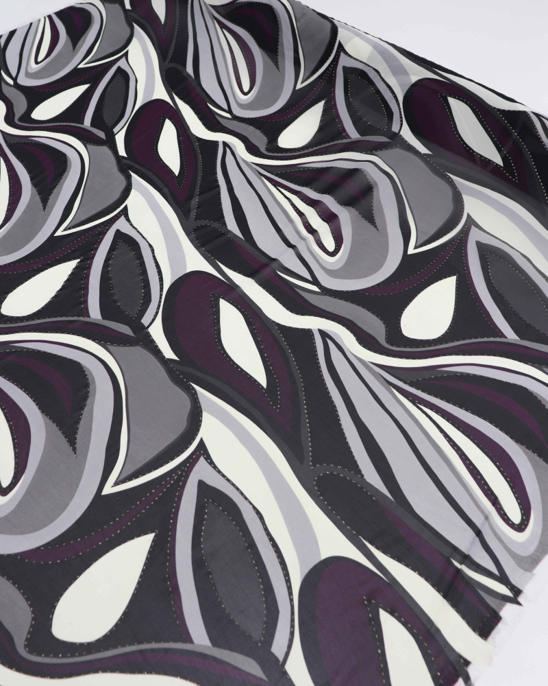 Tecido Crepe Chiffon Ondulado Abstrato com Lurex Roxo e Preto