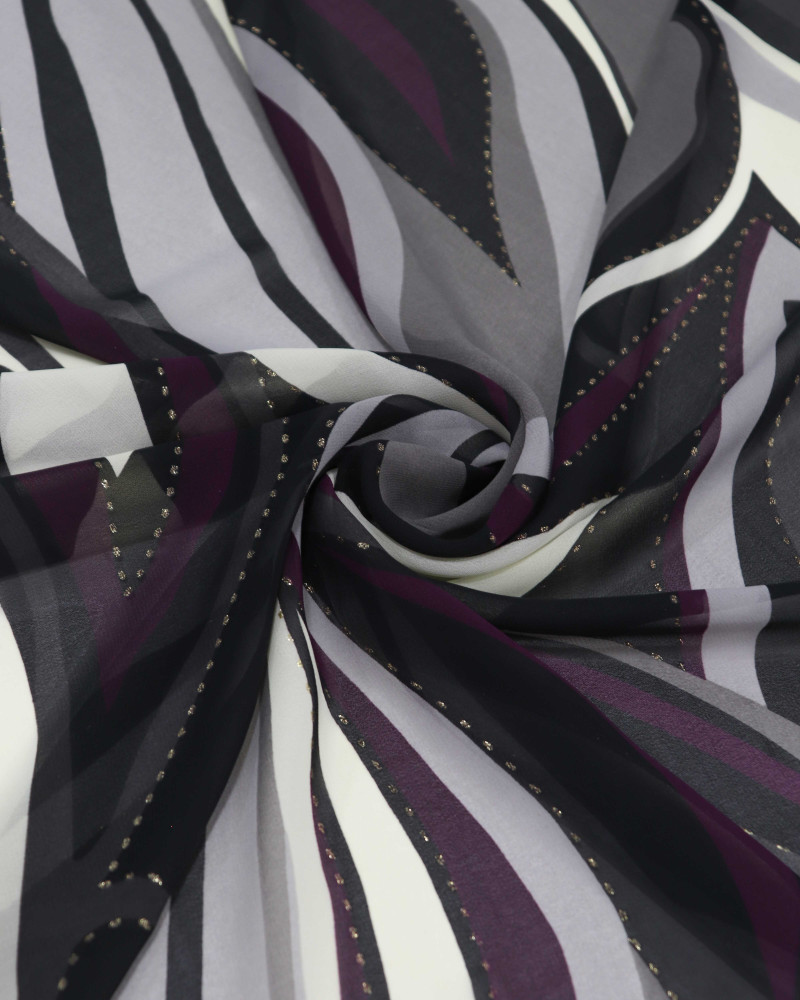 Tecido Crepe Chiffon Ondulado Abstrato com Lurex Roxo e Preto