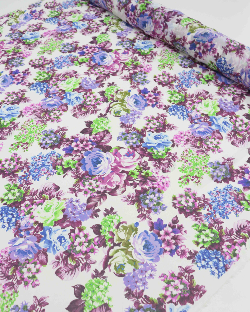 Tecido Crepe Chiffon Tapete Floral Tons de Roxo e Offwhite