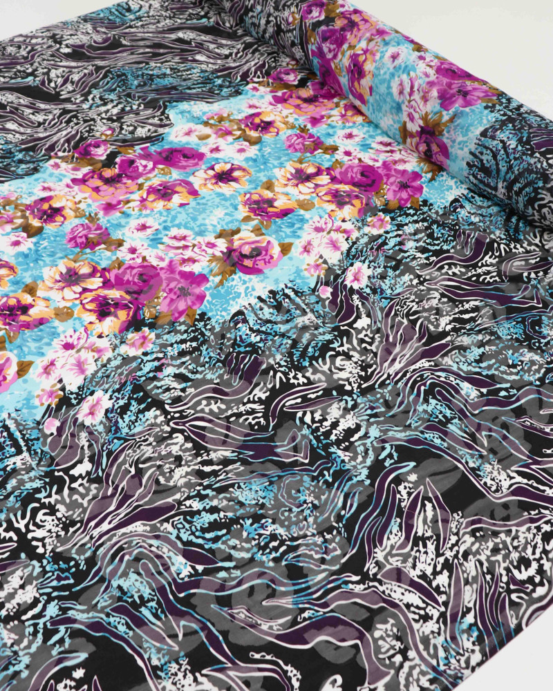 Tecido Crepe Chiffon Brocado Barrado Floral Azul e Roxo