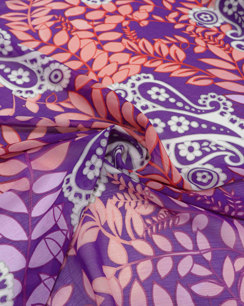 Tecido Crepe Chiffon Texturizado Cashmere e Ramos Avermelhado e Roxo