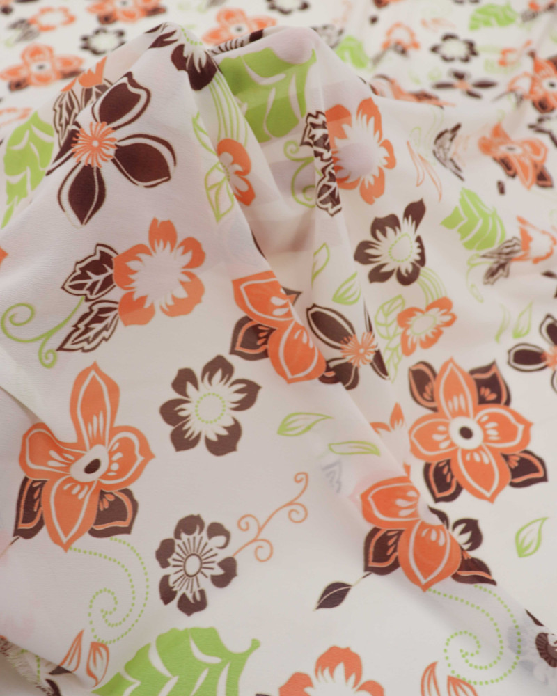 Tecido Crepe Chiffon Floral Laranja, Marrom, Verde e Offwhite