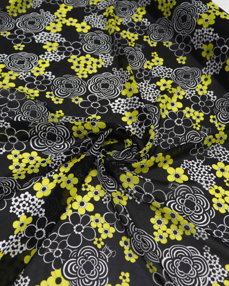 Tecido Crepe Chiffon Flores Diversas Amarelo e Preto