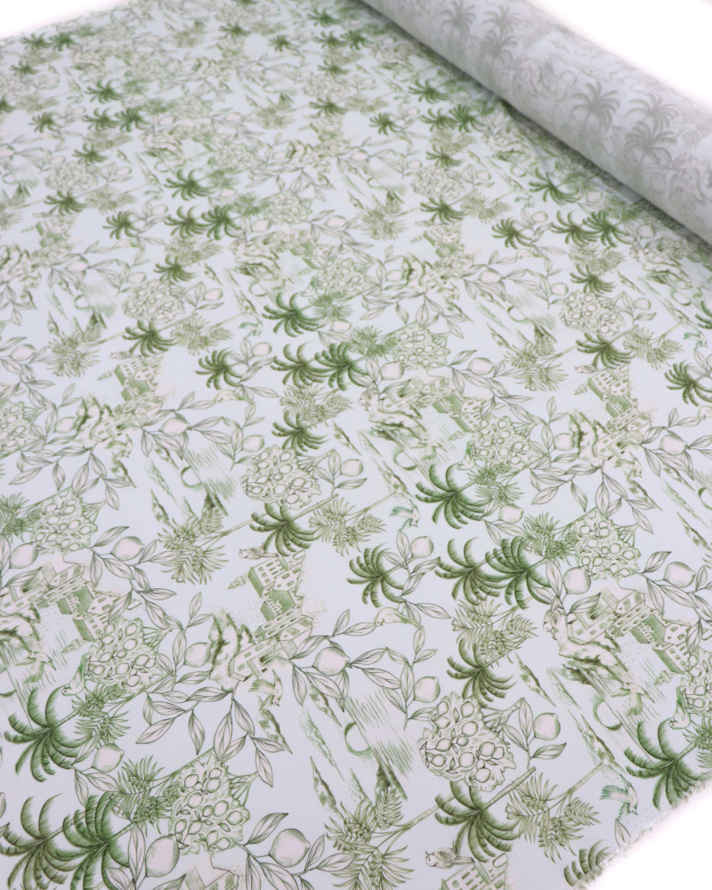 Tecido Viscose Premium Toile de Jouy Limões Verde e Branco Gelo