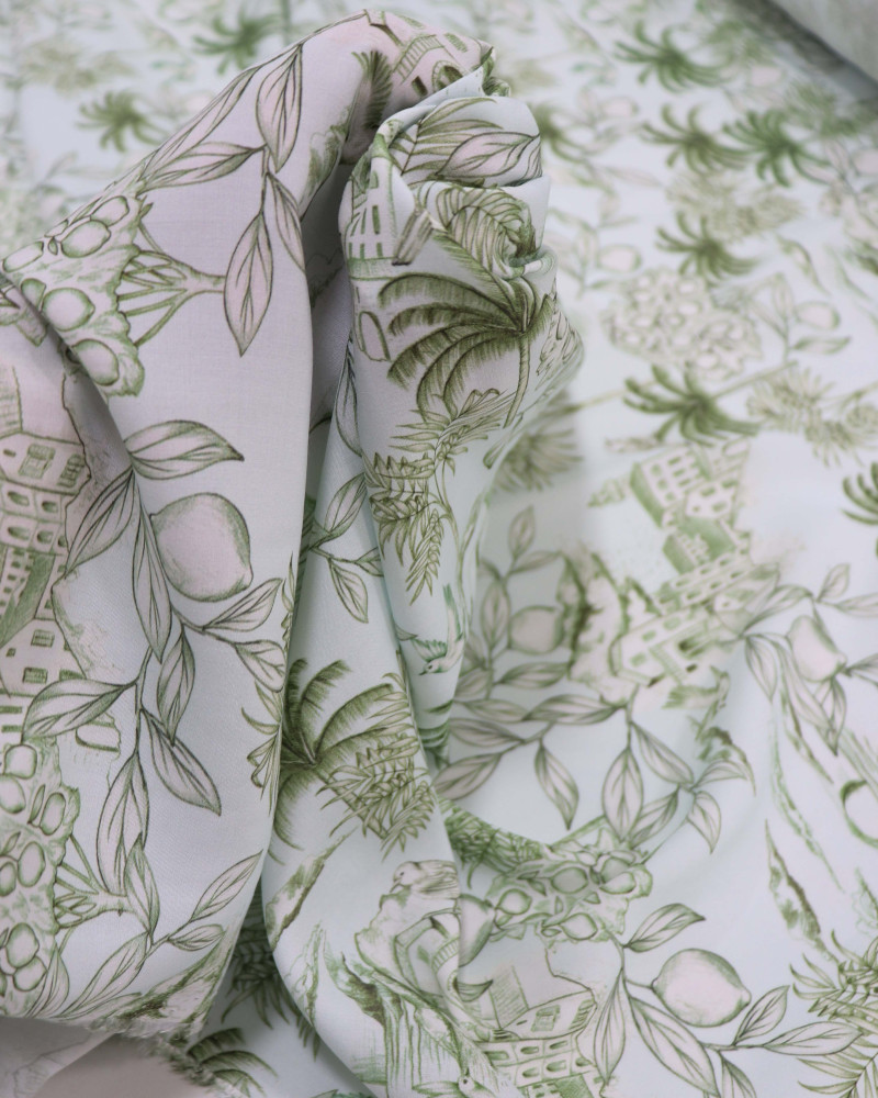 Tecido Viscose Premium Toile de Jouy Limões Verde e Branco Gelo