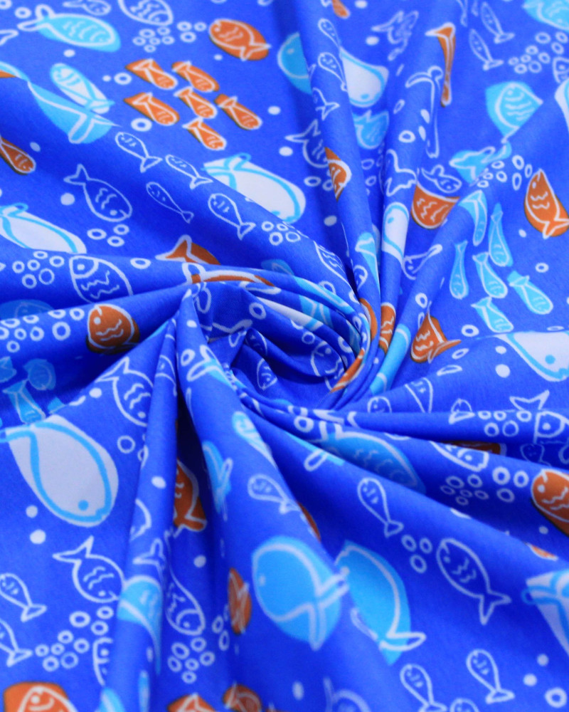 Tecido Tactel Fino Peixes em Rascunho branco, Laranja e Tons de Azul