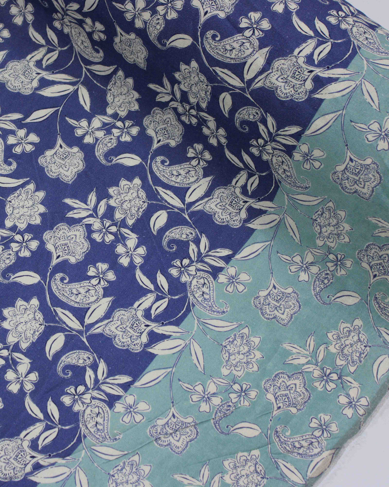 Tecido Linho Misto Rústico Premium Barrado Ramos em Cashmere Verde Água e Azul