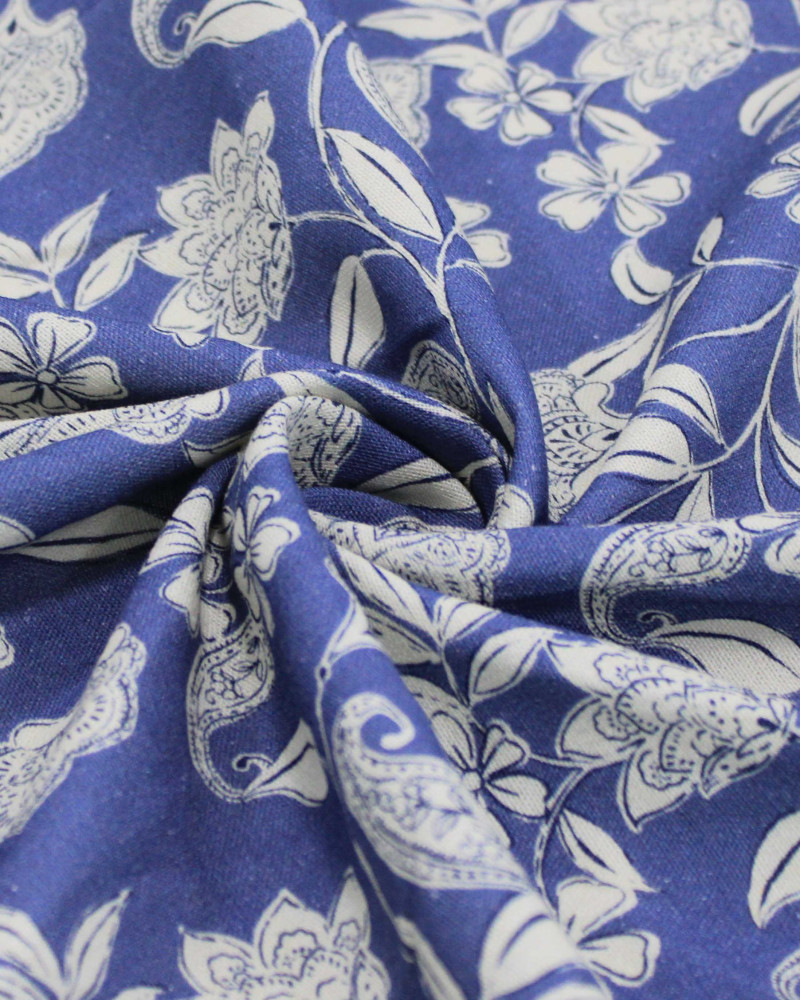 Tecido Linho Misto Rústico Premium Barrado Ramos em Cashmere Verde Água e Azul