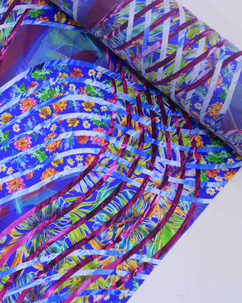 Tecido Tactel Fino Listras Ondulares Estampadas Rosa e Tons de Azul