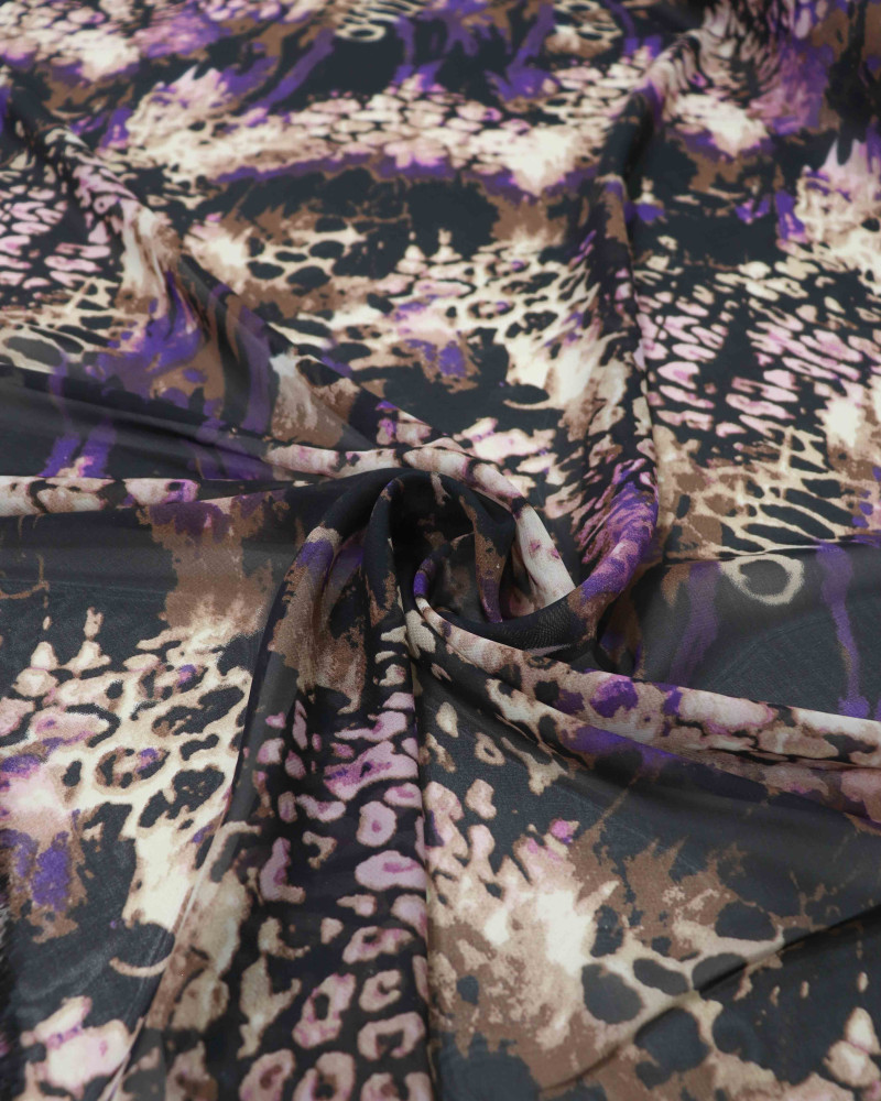 Tecido Crepe Chiffon Animal Print Marrom, Roxo e Preto