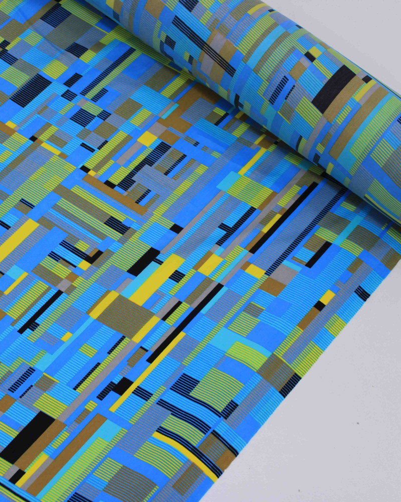 Tecido Tactel Fino Formas Geométricas Abstratas Amarelo e Tons de Azul