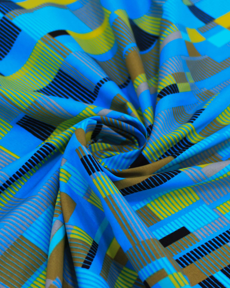 Tecido Tactel Fino Formas Geométricas Abstratas Amarelo e Tons de Azul