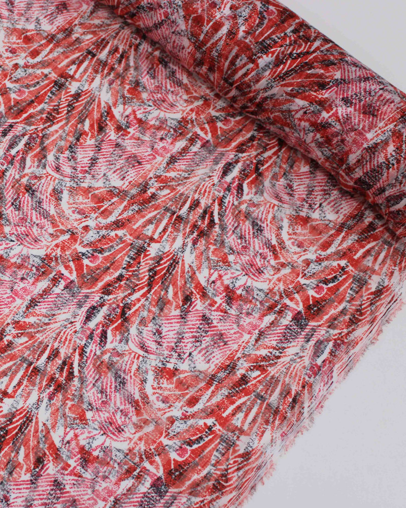 Tecido Crepe Chiffon Brocado Listras e Folhagens Abstratas Preto, Vermelho e Branco