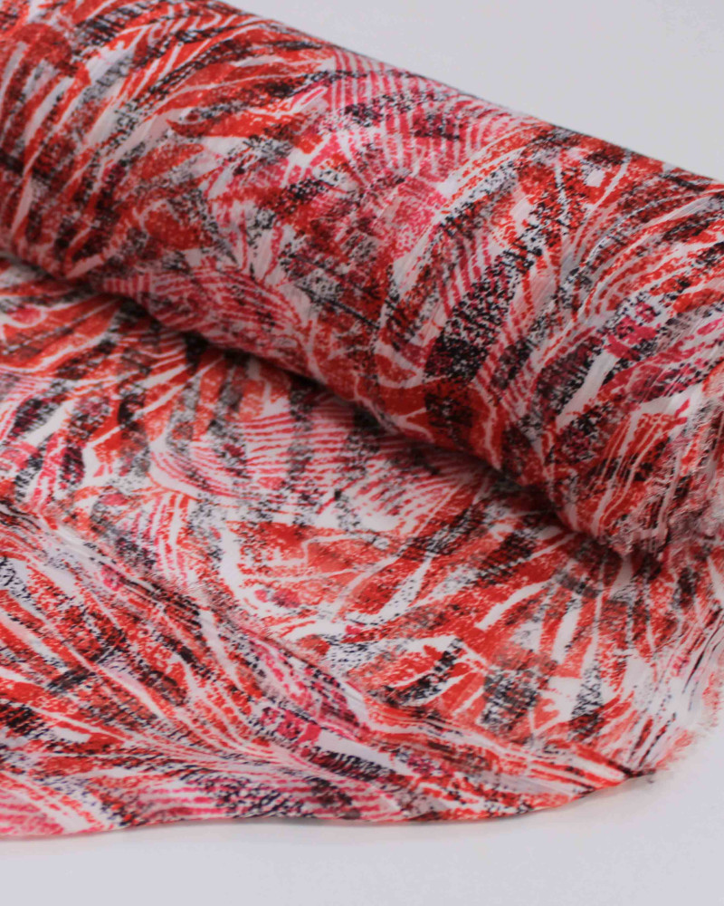 Tecido Crepe Chiffon Brocado Listras e Folhagens Abstratas Preto, Vermelho e Branco