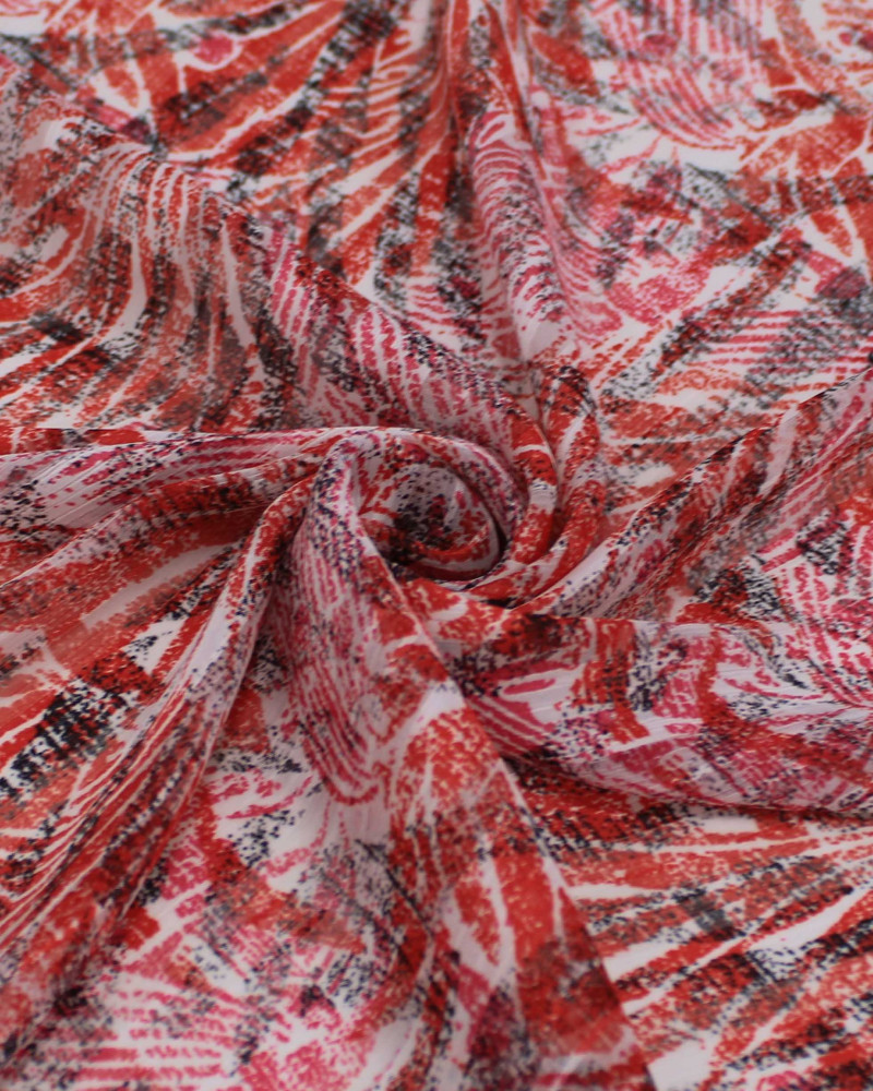 Tecido Crepe Chiffon Brocado Listras e Folhagens Abstratas Preto, Vermelho e Branco