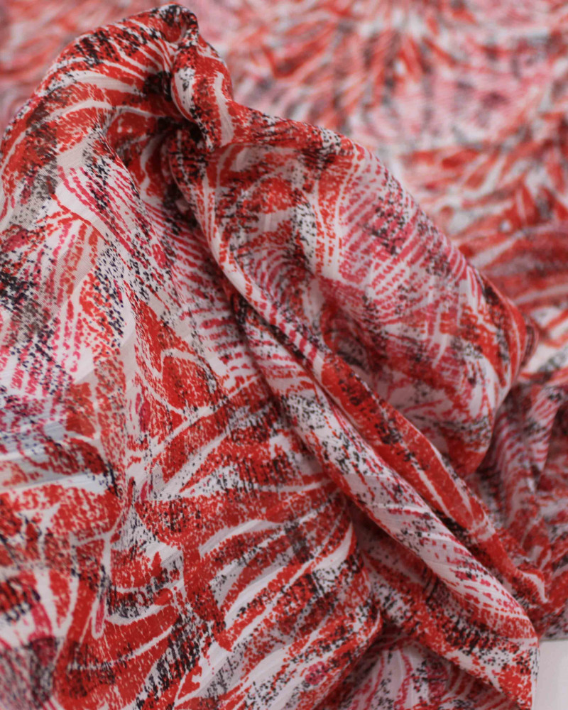 Tecido Crepe Chiffon Brocado Listras e Folhagens Abstratas Preto, Vermelho e Branco