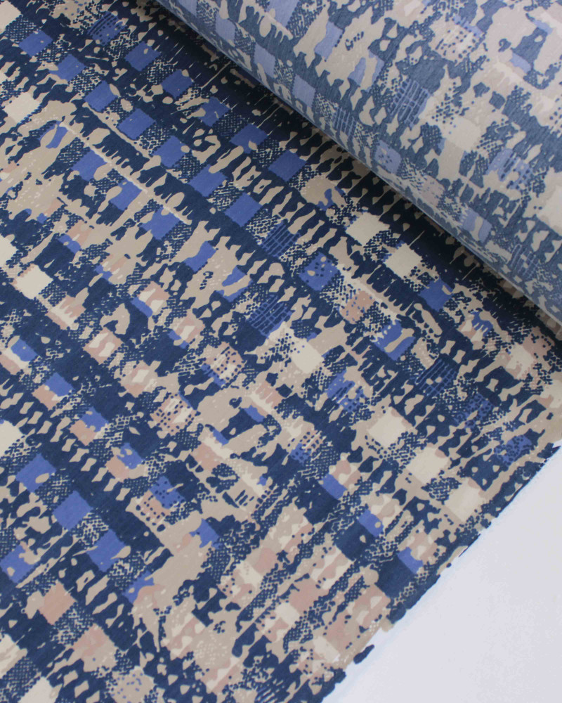 Tecido Sarja com Elastano Arte Abstrata Bege e Tons de Azul