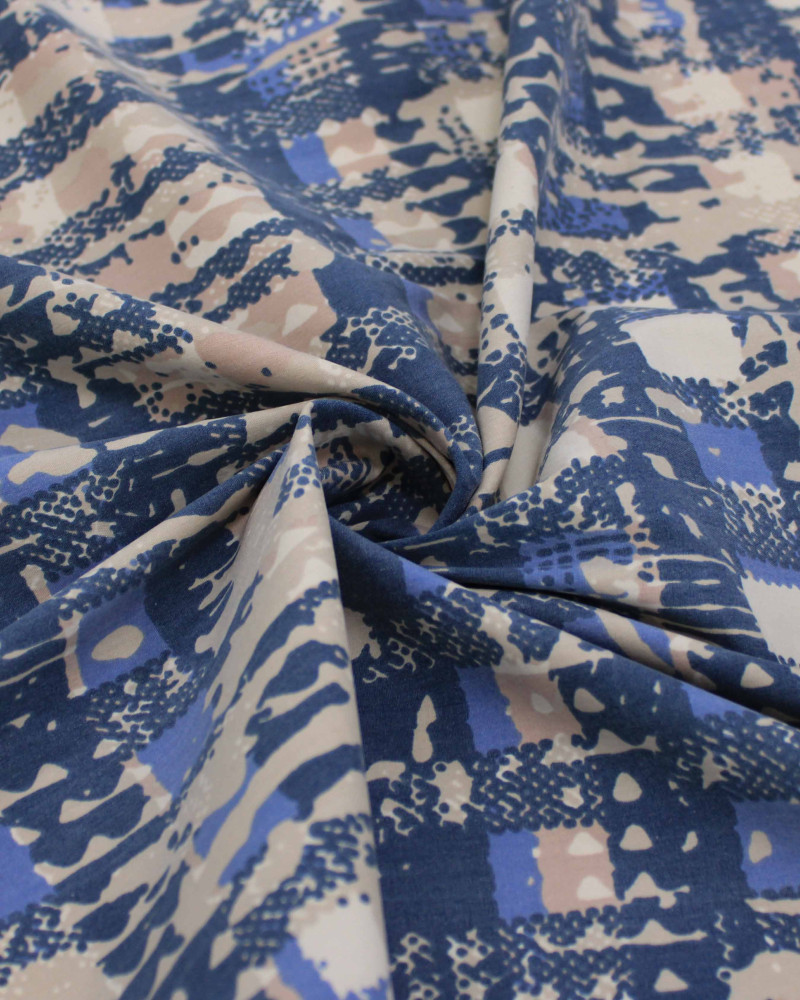 Tecido Sarja com Elastano Arte Abstrata Bege e Tons de Azul