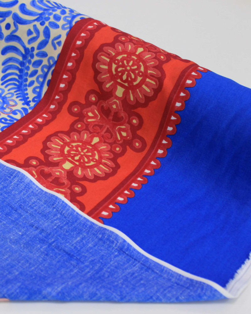Tecido Linho Misto Italiano Barrado Macro Mandalas Vermelho, Azul e Creme