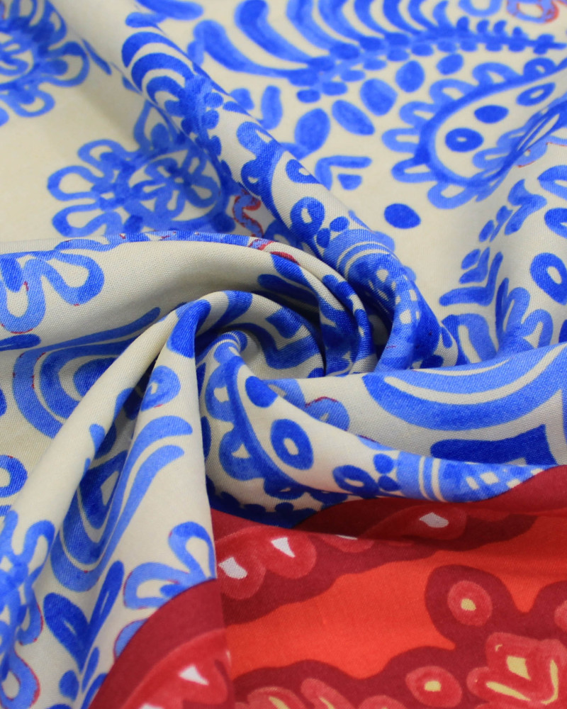 Tecido Linho Misto Italiano Barrado Macro Mandalas Vermelho, Azul e Creme