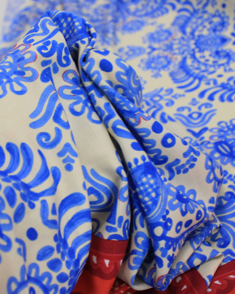 Tecido Linho Misto Italiano Barrado Macro Mandalas Vermelho, Azul e Creme