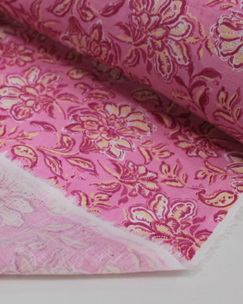 Tecido Linho Misto Italiano Ramos Florais Amarelo e Tons de Rosa