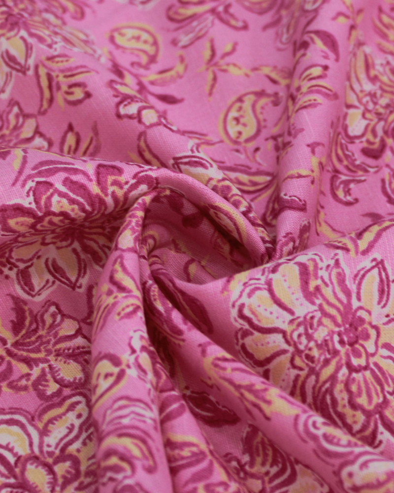 Tecido Linho Misto Italiano Ramos Florais Amarelo e Tons de Rosa