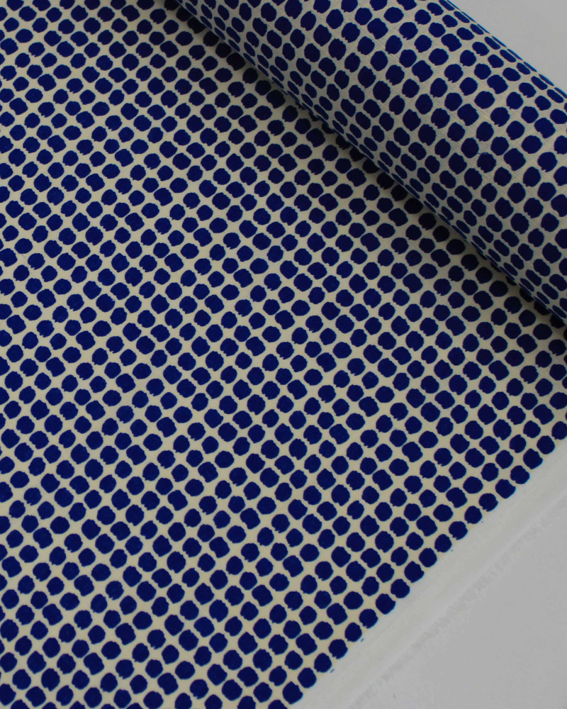 Tecido Linho Misto Italiano Pingos Azul Marinho e Offwhite