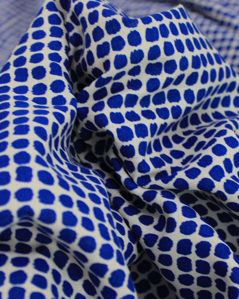 Tecido Linho Misto Italiano Pingos Azul Marinho e Offwhite