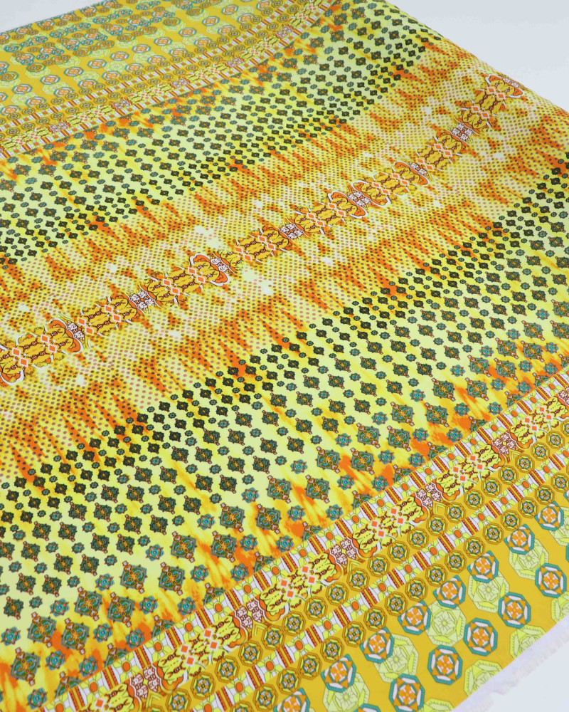 Tecido Crepe Chiffon Italiano Brocado Expirais e Linhas Abstratas Offwhite e Tons de Azul