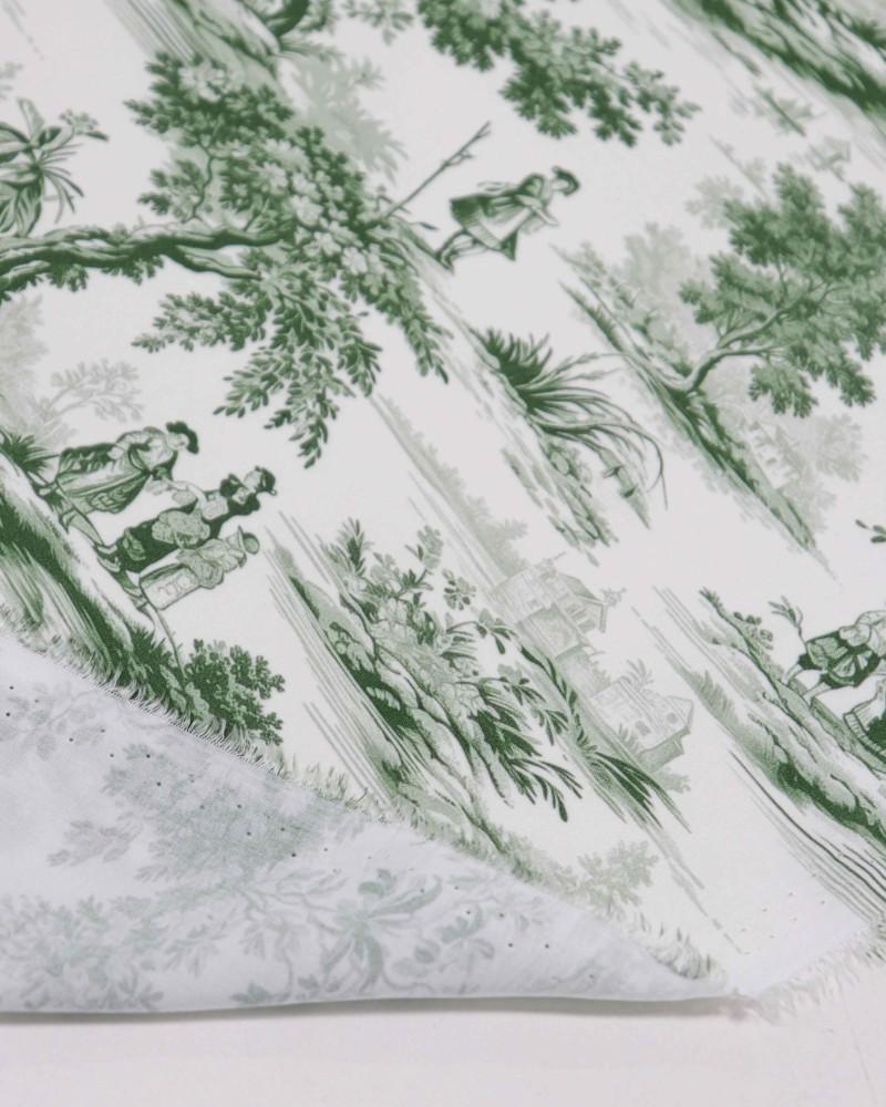 Tecido Viscose Premium Toile de Jouy Verde e Offwhite